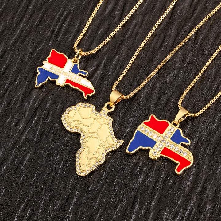 QIKU Exquisite Dominican Flag & African Continent Map Pendant Necklace - Copper Zircon Charm Jewelry for Men & Women, Perfect Fashion Gift