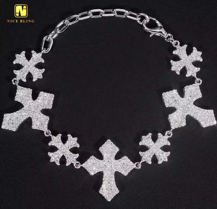 Exquisite 925 Sterling Silver VVS Moissanite Cuban Link Chain Bracelet - Soldier Cross Design for Men