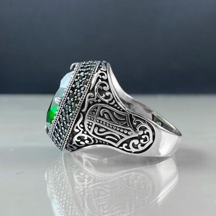 Customizable Antique Silver Plated Men's Wedding Bands with Emerald Gemstone - Alloy Fashion Rings