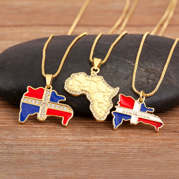 QIKU Exquisite Dominican Flag & African Continent Map Pendant Necklace - Copper Zircon Charm Jewelry for Men & Women, Perfect Fashion Gift