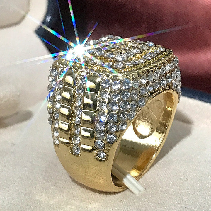 Huitan Luxury Exaggerated Full Crystal Rhinestone Diamond Ring - Iced Out Gold Plated Zircon Wedding Band for Men & Women