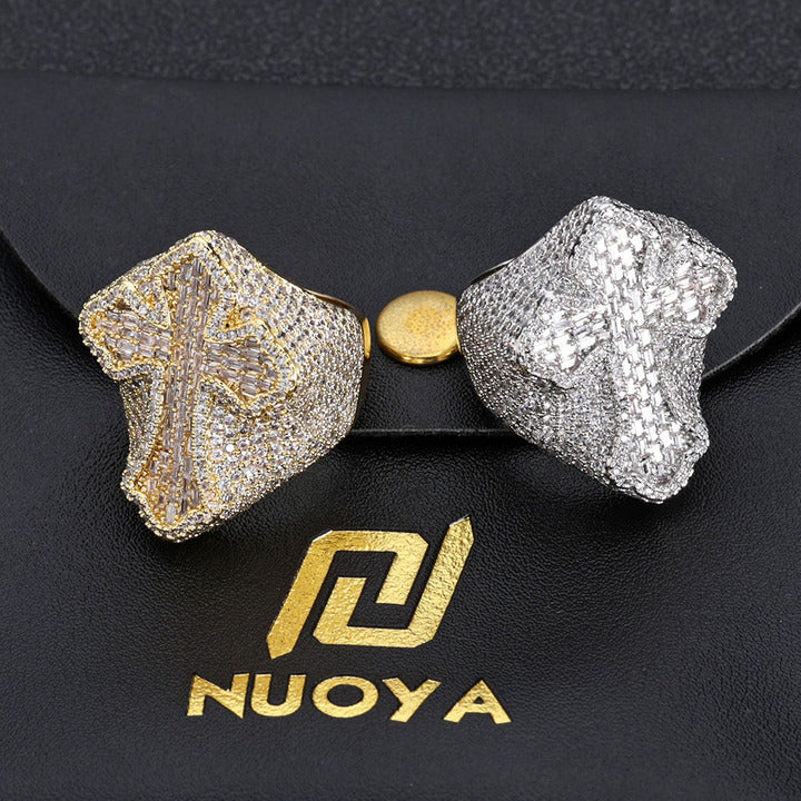 NUOYA Dazzling Men's Hip Hop Cross Ring - 18K White Gold Plated Micro Pave Baguette Zircon for Ultimate Style