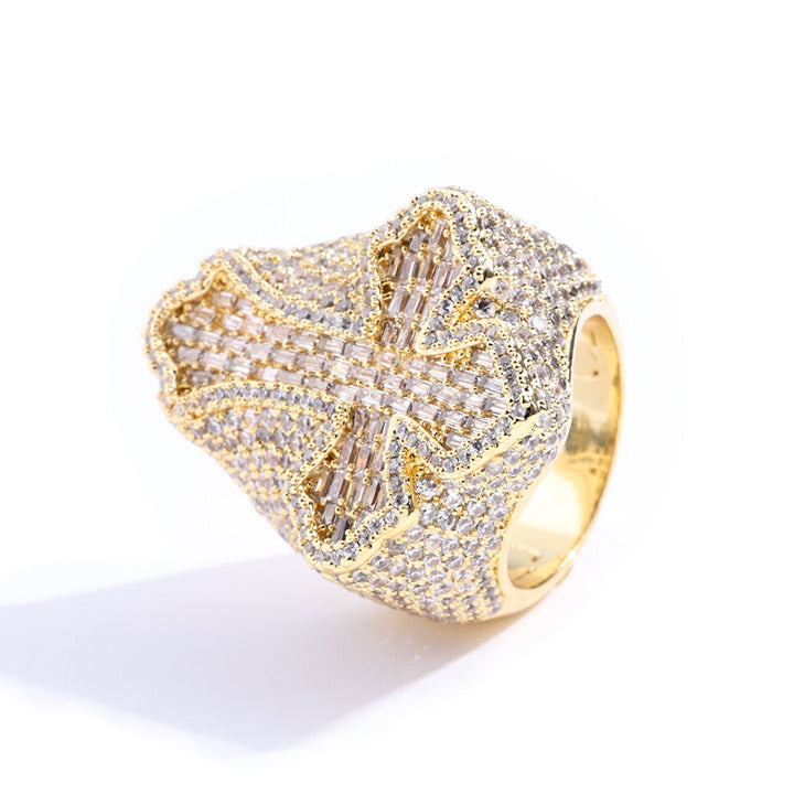 NUOYA Dazzling Men's Hip Hop Cross Ring - 18K White Gold Plated Micro Pave Baguette Zircon for Ultimate Style