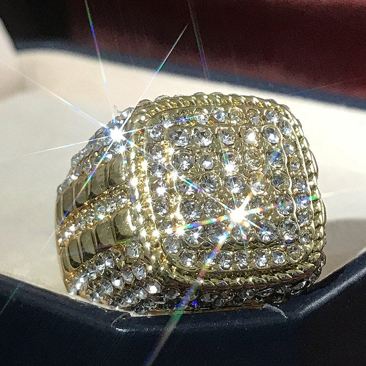 Huitan Luxury Exaggerated Full Crystal Rhinestone Diamond Ring - Iced Out Gold Plated Zircon Wedding Band for Men & Women