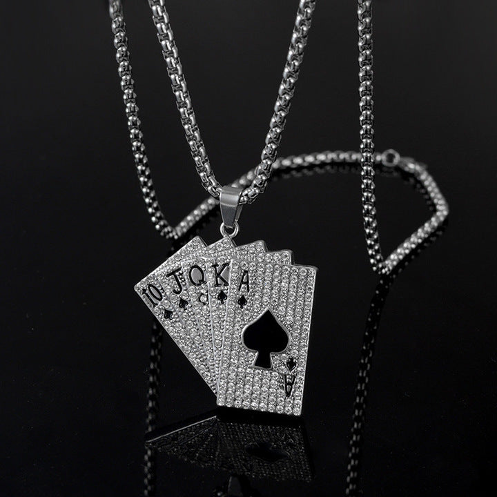 Custom Stainless Steel Men's Vintage Card Pendant Necklace - Hiphop Inspired Long Chain Sweater Jewelry