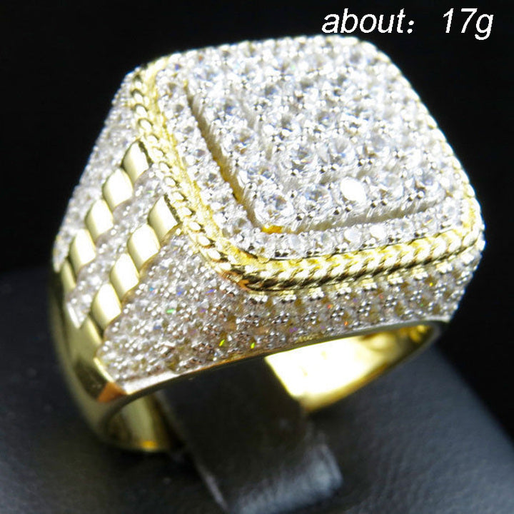 Huitan Luxury Exaggerated Full Crystal Rhinestone Diamond Ring - Iced Out Gold Plated Zircon Wedding Band for Men & Women