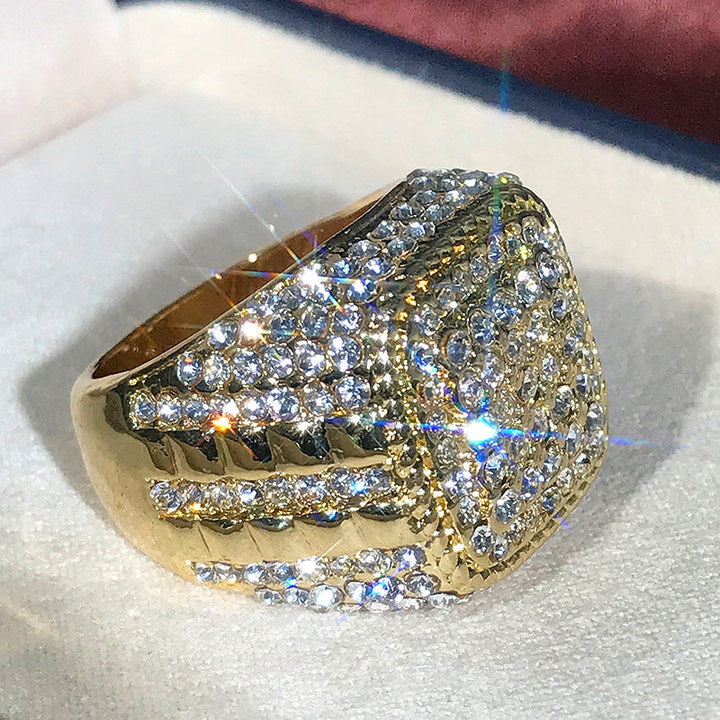 Huitan Luxury Exaggerated Full Crystal Rhinestone Diamond Ring - Iced Out Gold Plated Zircon Wedding Band for Men & Women