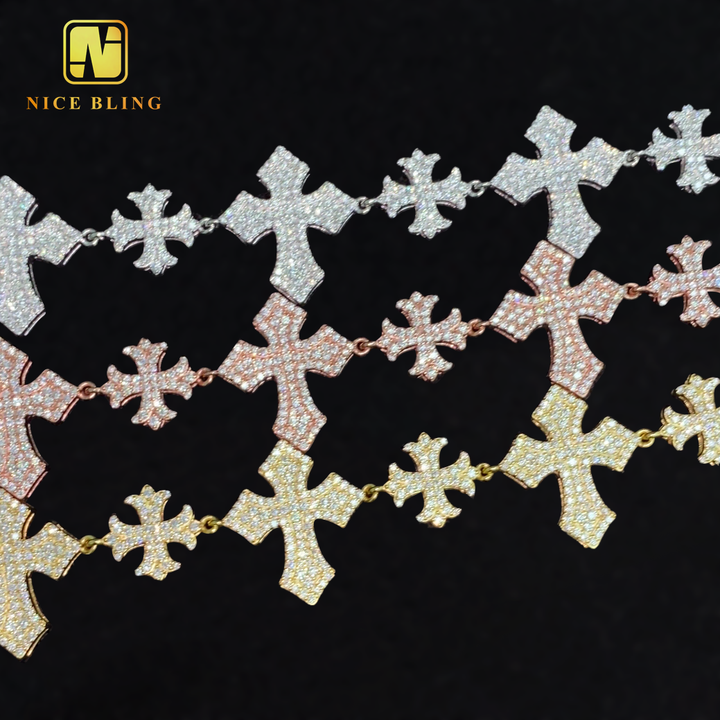 Exquisite 925 Sterling Silver VVS Moissanite Cuban Link Chain Bracelet - Soldier Cross Design for Men