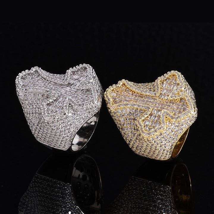 NUOYA Dazzling Men's Hip Hop Cross Ring - 18K White Gold Plated Micro Pave Baguette Zircon for Ultimate Style