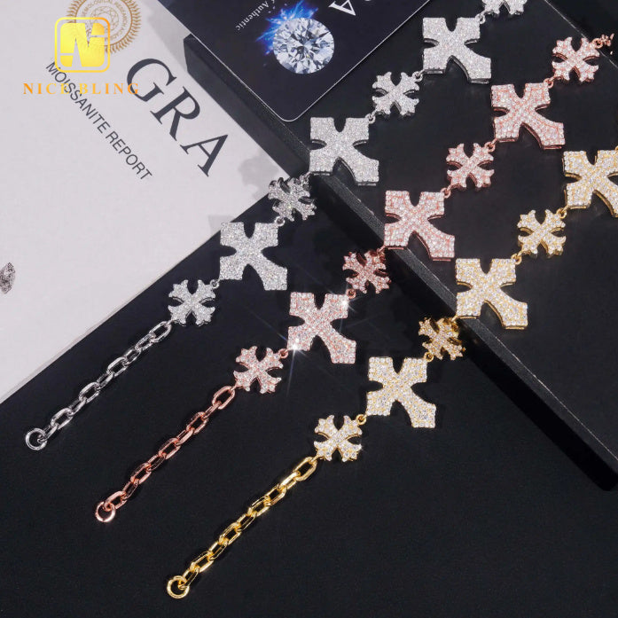 Exquisite 925 Sterling Silver VVS Moissanite Cuban Link Chain Bracelet - Soldier Cross Design for Men