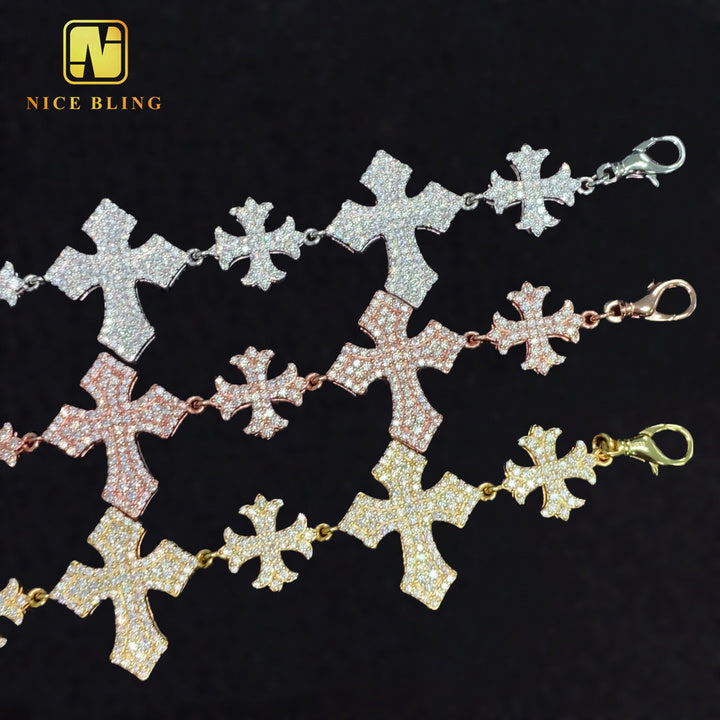 Exquisite 925 Sterling Silver VVS Moissanite Cuban Link Chain Bracelet - Soldier Cross Design for Men