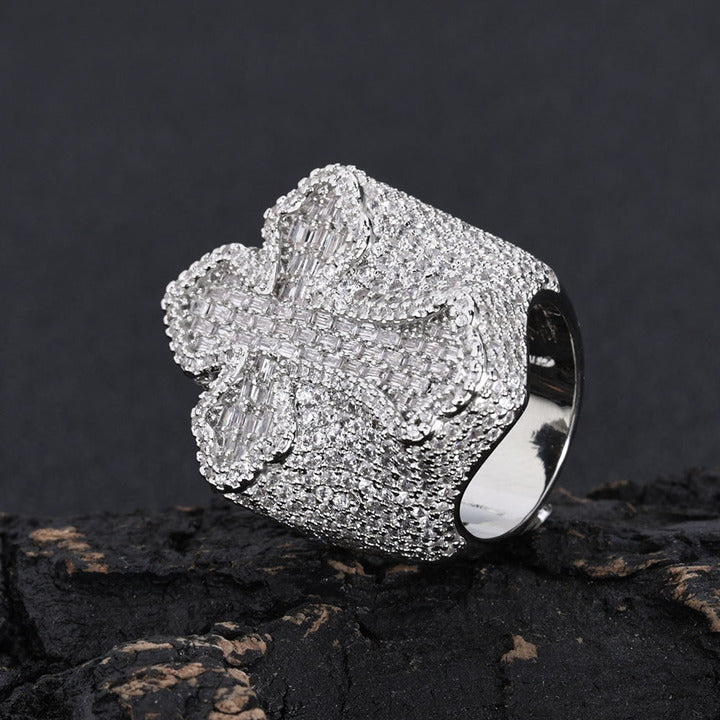 NUOYA Dazzling Men's Hip Hop Cross Ring - 18K White Gold Plated Micro Pave Baguette Zircon for Ultimate Style