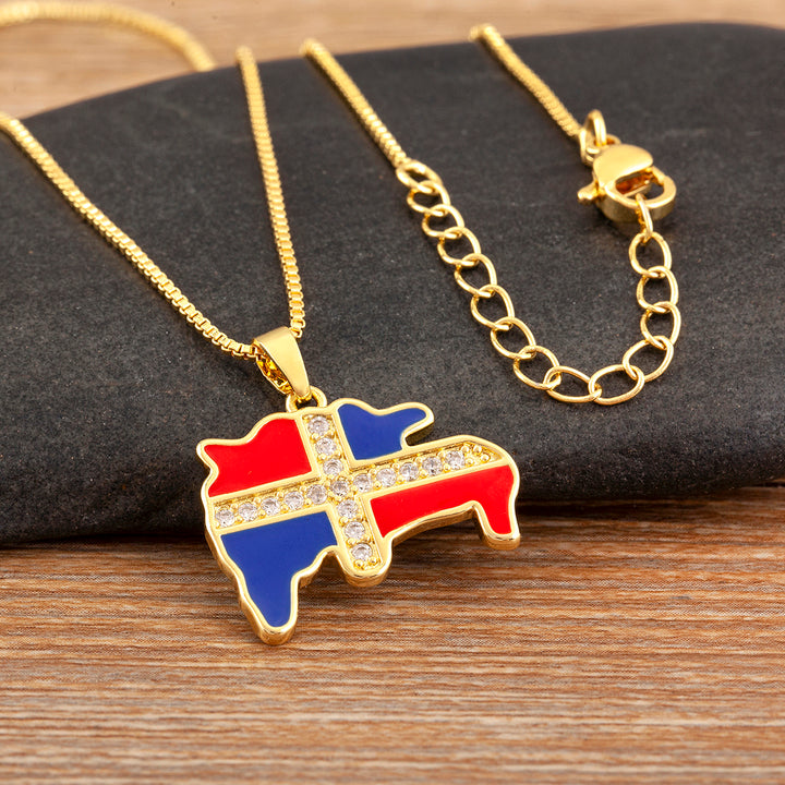 QIKU Exquisite Dominican Flag & African Continent Map Pendant Necklace - Copper Zircon Charm Jewelry for Men & Women, Perfect Fashion Gift