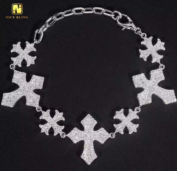 Exquisite 925 Sterling Silver VVS Moissanite Cuban Link Chain Bracelet - Soldier Cross Design for Men
