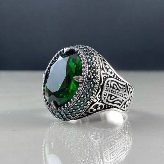 Customizable Antique Silver Plated Men's Wedding Bands with Emerald Gemstone - Alloy Fashion Rings