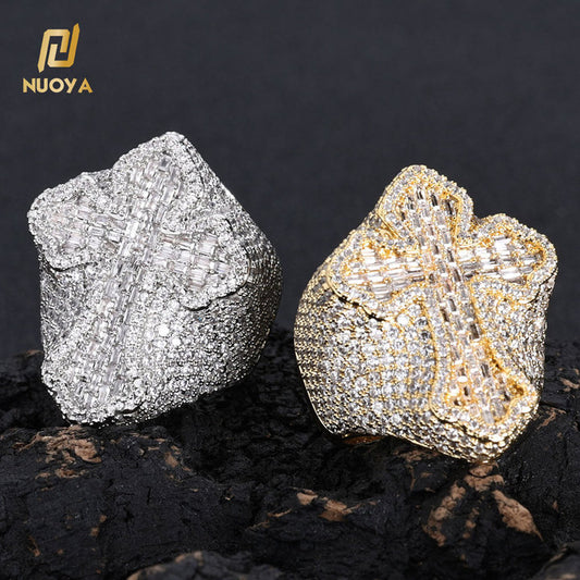 NUOYA Dazzling Men's Hip Hop Cross Ring - 18K White Gold Plated Micro Pave Baguette Zircon for Ultimate Style