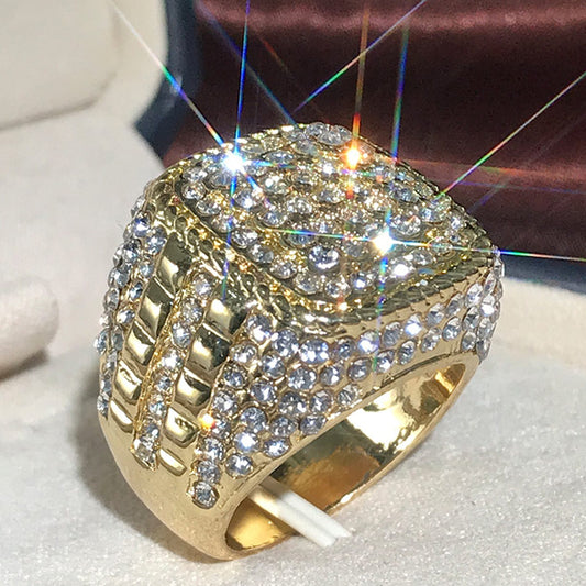 Huitan Luxury Exaggerated Full Crystal Rhinestone Diamond Ring - Iced Out Gold Plated Zircon Wedding Band for Men & Women